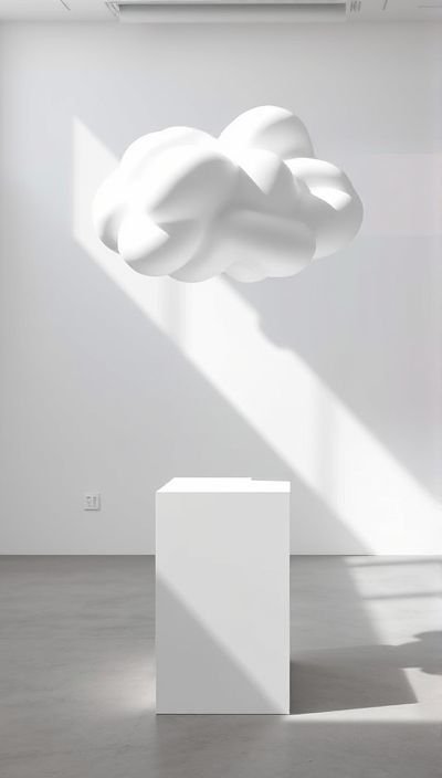 une sculpture abstraite en blanc représentant un nuage suspendue à un piédestal